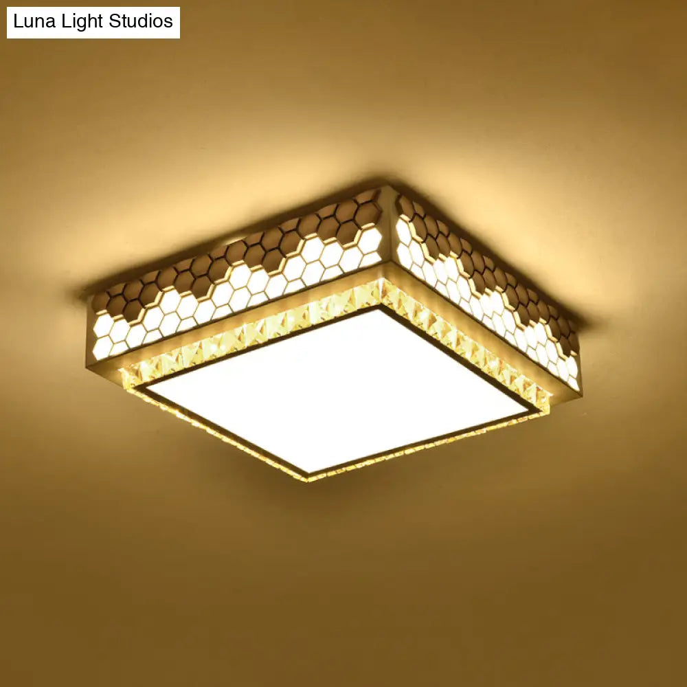 Modern Crystal Led Square Box Ceiling Lamp - White Flush Mount With Honeycomb Side