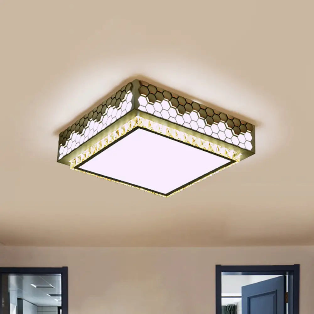 Modern Crystal Led Square Box Ceiling Lamp - White Flush Mount With Honeycomb Side