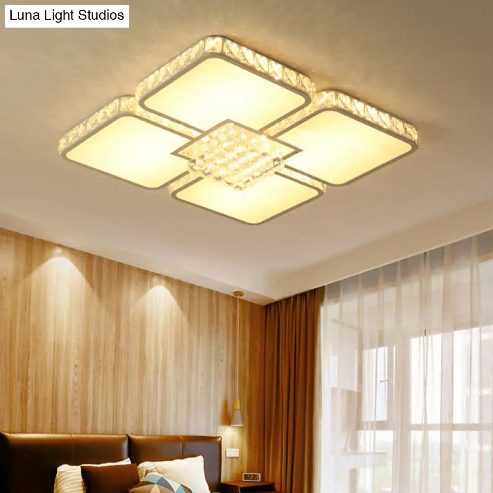 Modern Crystal Led Square Flush Mount Bedroom Ceiling Light Fixture In Warm/White