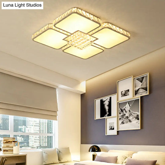 Modern Crystal Led Square Flush Mount Bedroom Ceiling Light Fixture In Warm/White