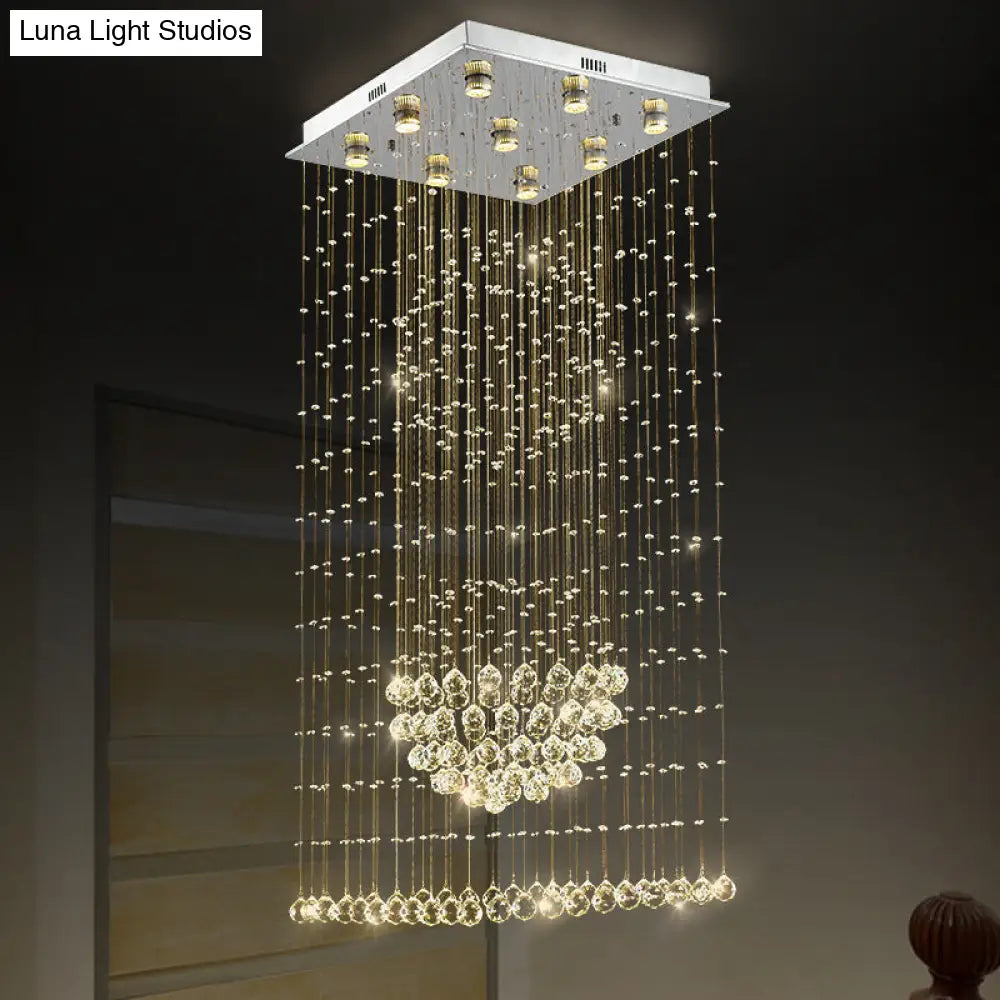 Crystal Led Waterfall Pendant Light With 9 Bulbs In Modern Silver Design