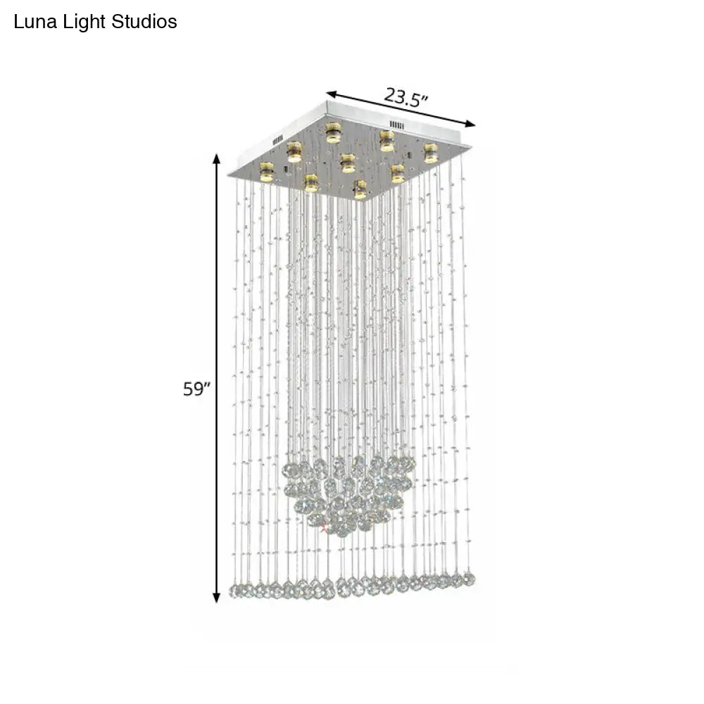 Crystal Led Waterfall Pendant Light With 9 Bulbs In Modern Silver Design