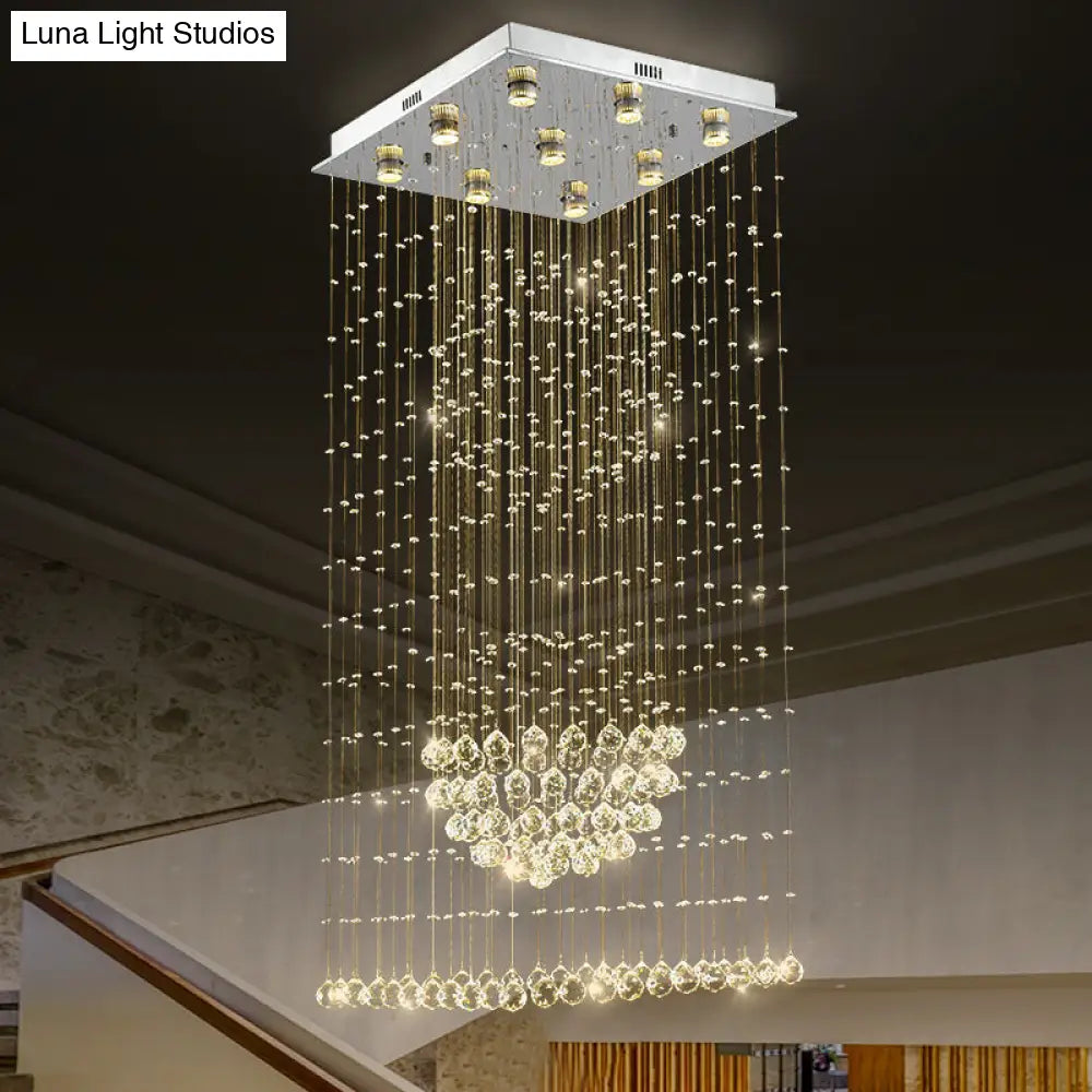 Modern Crystal Led Waterfall Pendant Light - 9-Bulb Silver Ceiling Lamp With Square Canopy