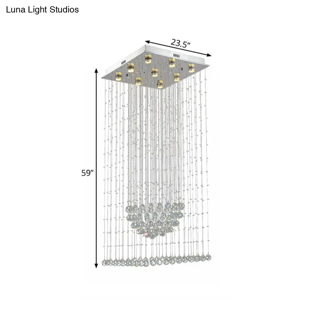 Modern Crystal Led Waterfall Pendant Light - 9-Bulb Silver Ceiling Lamp With Square Canopy