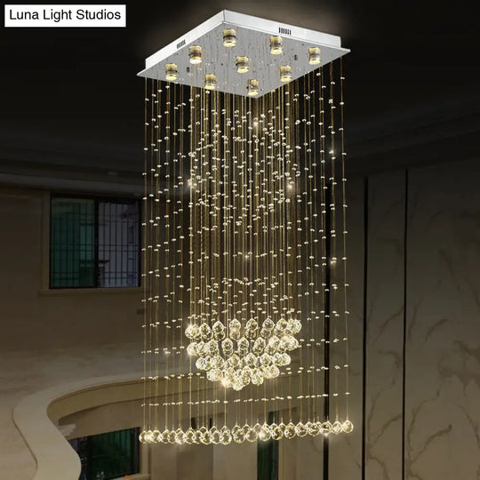 Modern Crystal Led Waterfall Pendant Light - 9-Bulb Silver Ceiling Lamp With Square Canopy