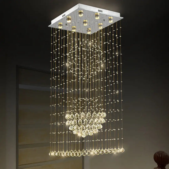 Modern Crystal Led Waterfall Pendant Light - 9-Bulb Silver Ceiling Lamp With Square Canopy