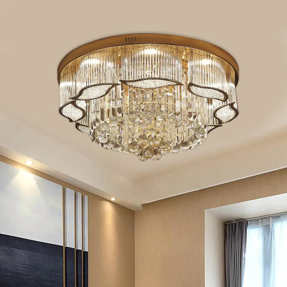 Modern Crystal Lobby Led Flush Mount Ceiling Light With Gold Leaf - Edge Layer