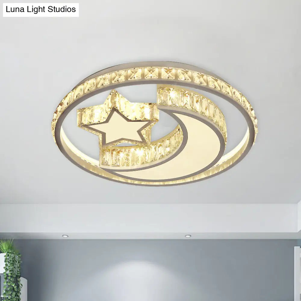 Modern Crystal Moon And Star Led Ceiling Flush Light For Bedrooms White Mounted Lamp