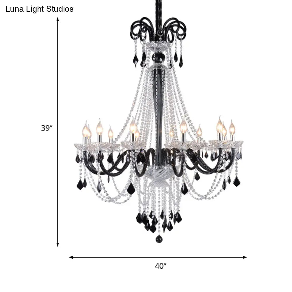 Modern Crystal Pendant Chandelier: 10/12 Heads Black 33/40 Wide