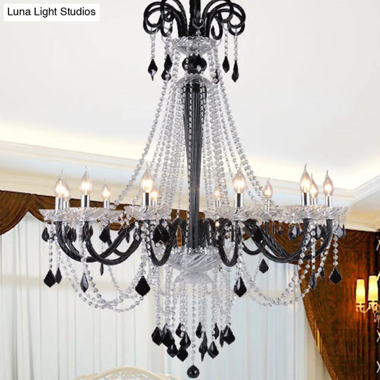 Modern Crystal Pendant Chandelier: 10/12 Heads Black 33/40 Wide