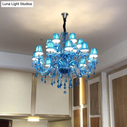 Modern Crystal Pendant Chandelier With Blue Hanging Light - 6/18 Bulbs Candle/Bell Design