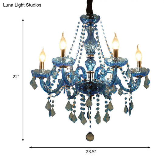 Modern Crystal Pendant Chandelier Blue Hanging Light 6/18 Bulbs Candle/Bell Design 23.5’’/37.5’’ W