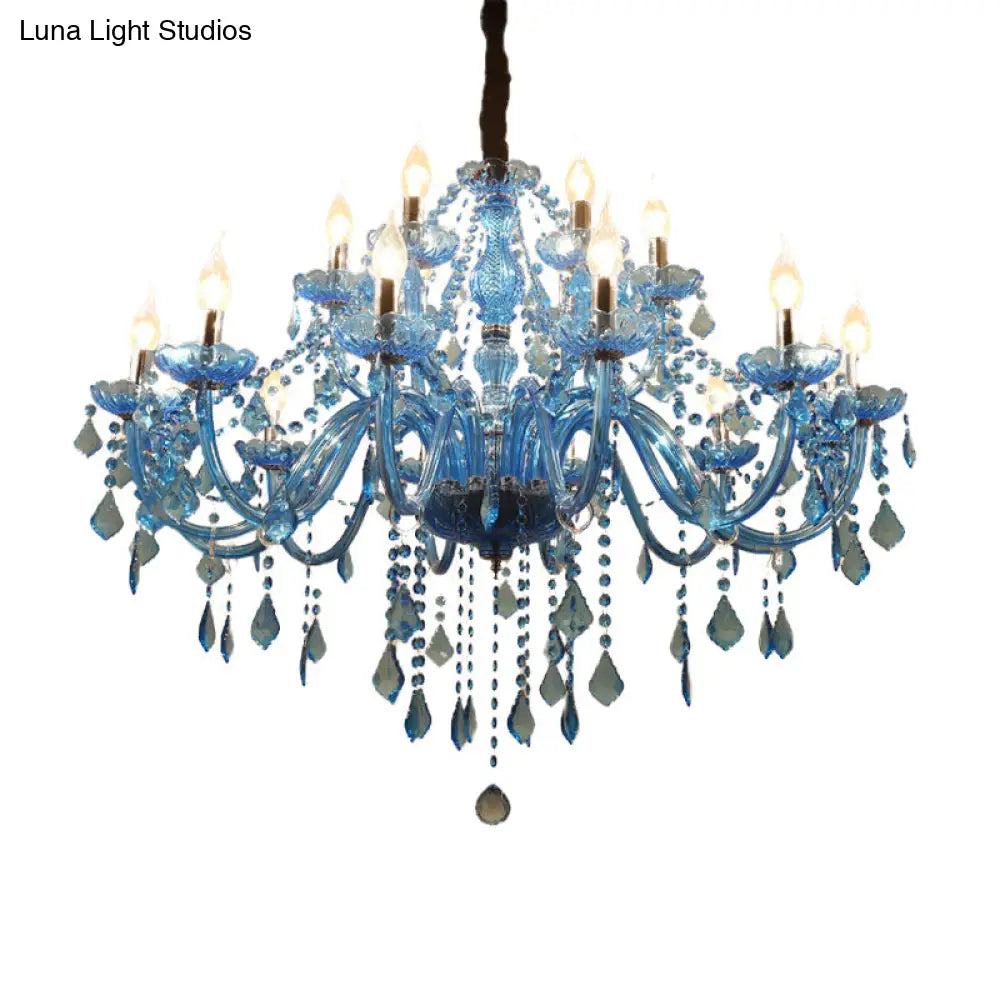 Modern Crystal Pendant Chandelier With Blue Hanging Light - 6/18 Bulbs Candle/Bell Design