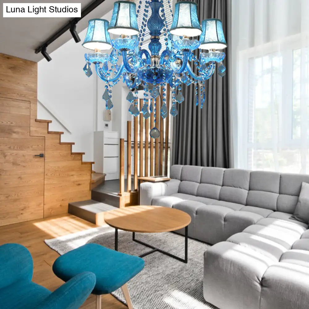 Modern Crystal Pendant Chandelier With Blue Hanging Light - 6/18 Bulbs Candle/Bell Design