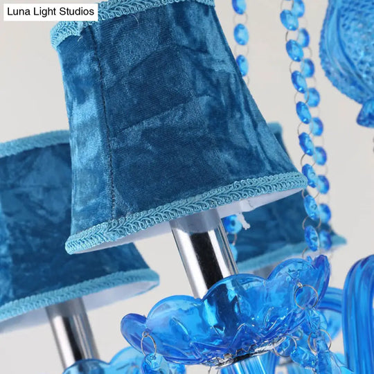 Modern Crystal Pendant Chandelier Blue Hanging Light 6/18 Bulbs Candle/Bell Design 23.5’’/37.5’’ W