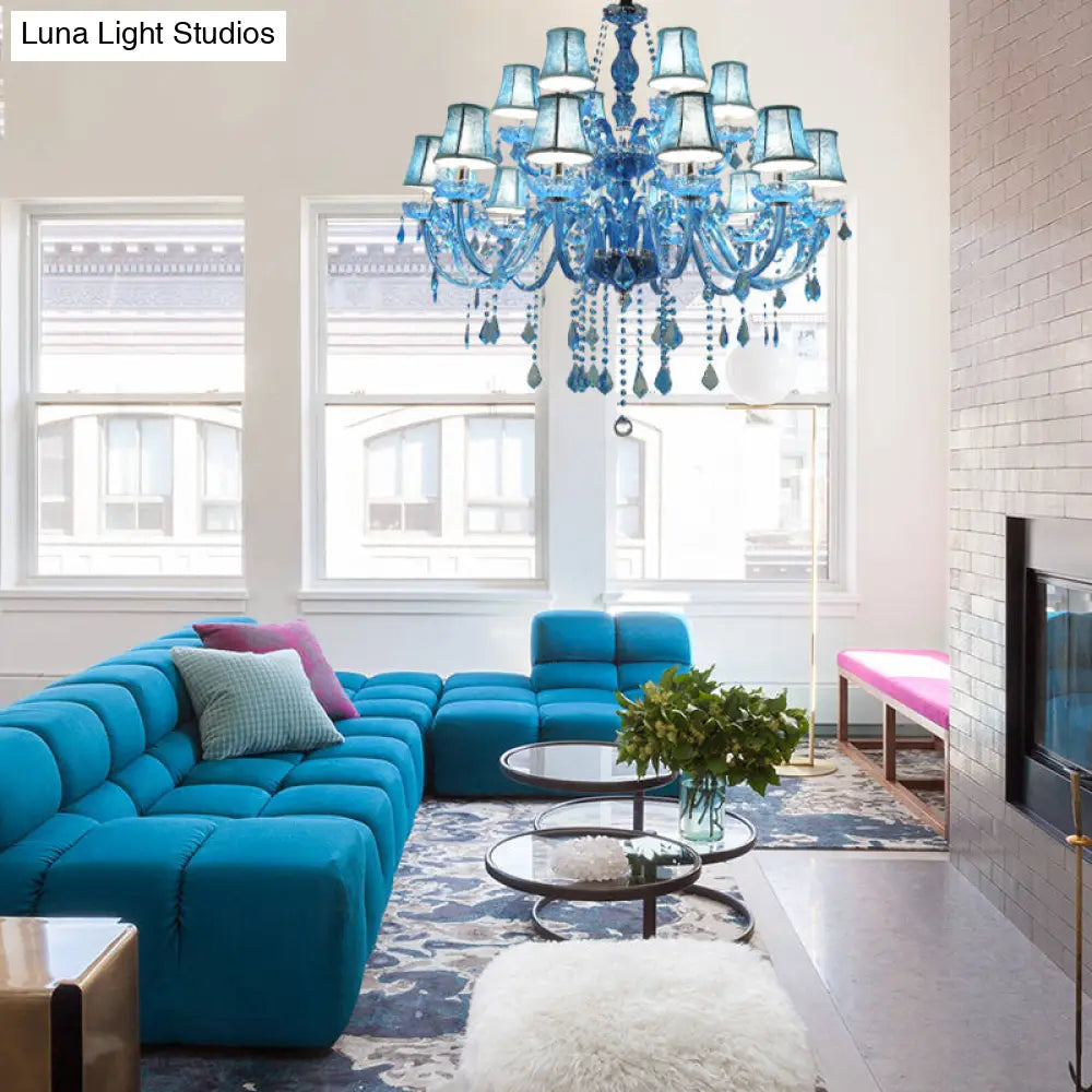 Modern Crystal Pendant Chandelier With Blue Hanging Light - 6/18 Bulbs Candle/Bell Design