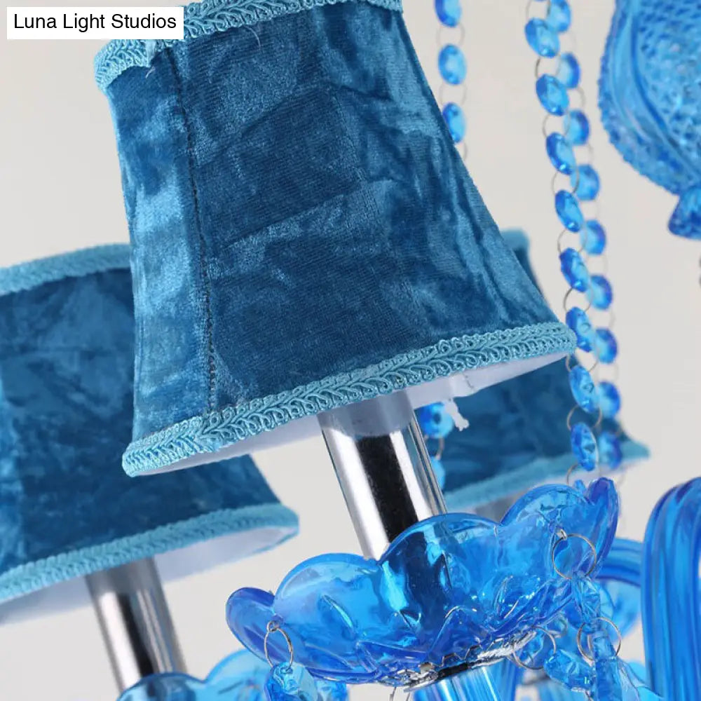 Modern Crystal Pendant Chandelier With Blue Hanging Light - 6/18 Bulbs Candle/Bell Design