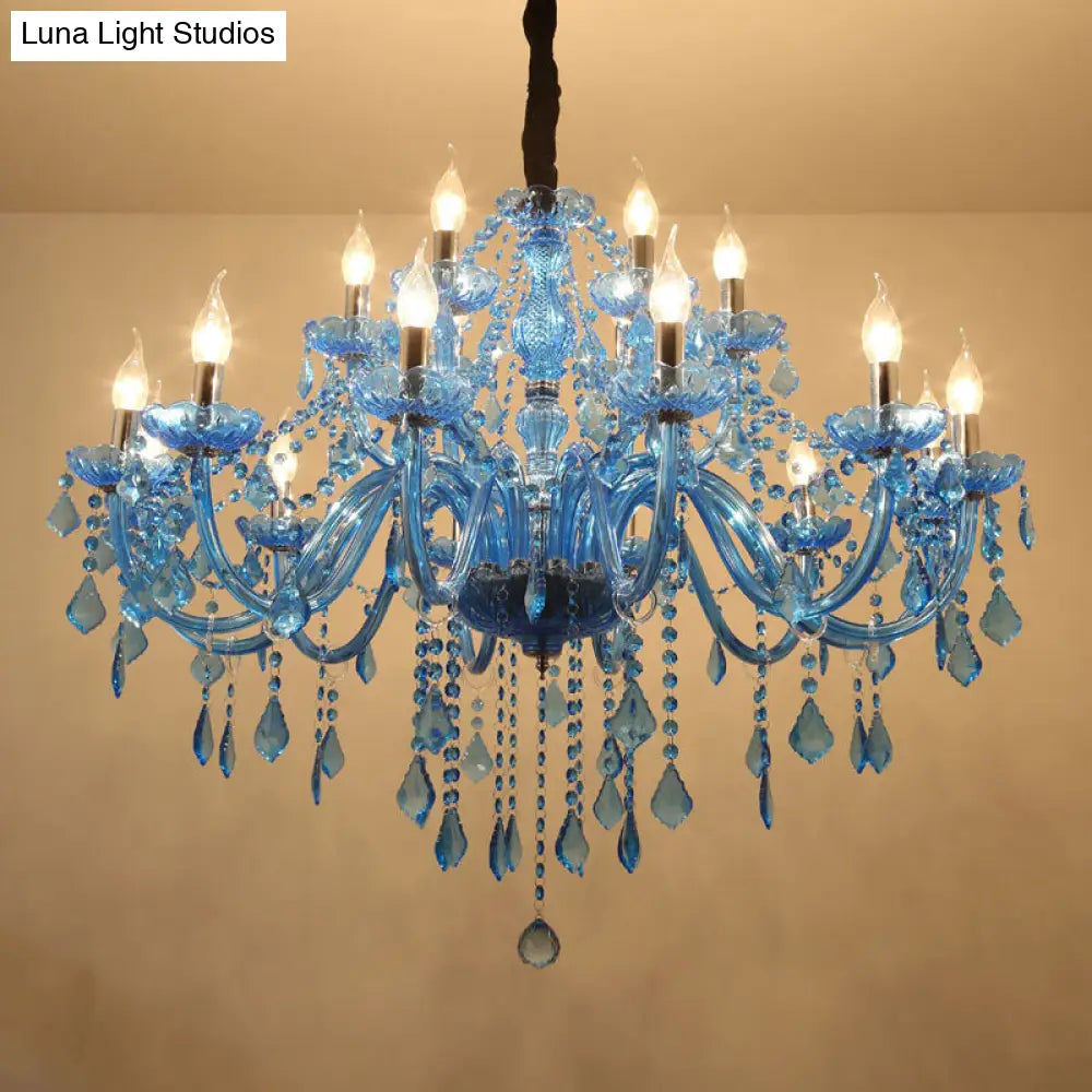 Modern Crystal Pendant Chandelier With Blue Hanging Light - 6/18 Bulbs Candle/Bell Design