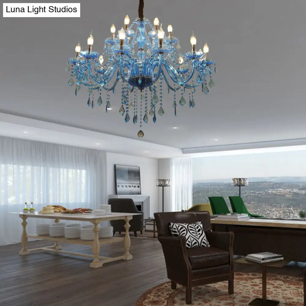 Modern Crystal Pendant Chandelier Blue Hanging Light 6/18 Bulbs Candle/Bell Design 23.5’’/37.5’’ W