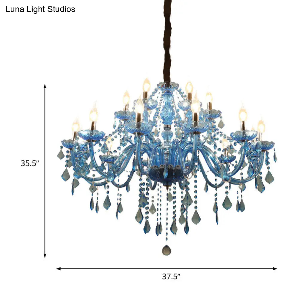 Modern Crystal Pendant Chandelier With Blue Hanging Light - 6/18 Bulbs Candle/Bell Design