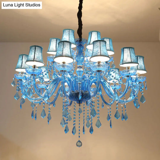 Modern Crystal Pendant Chandelier With Blue Hanging Light - 6/18 Bulbs Candle/Bell Design