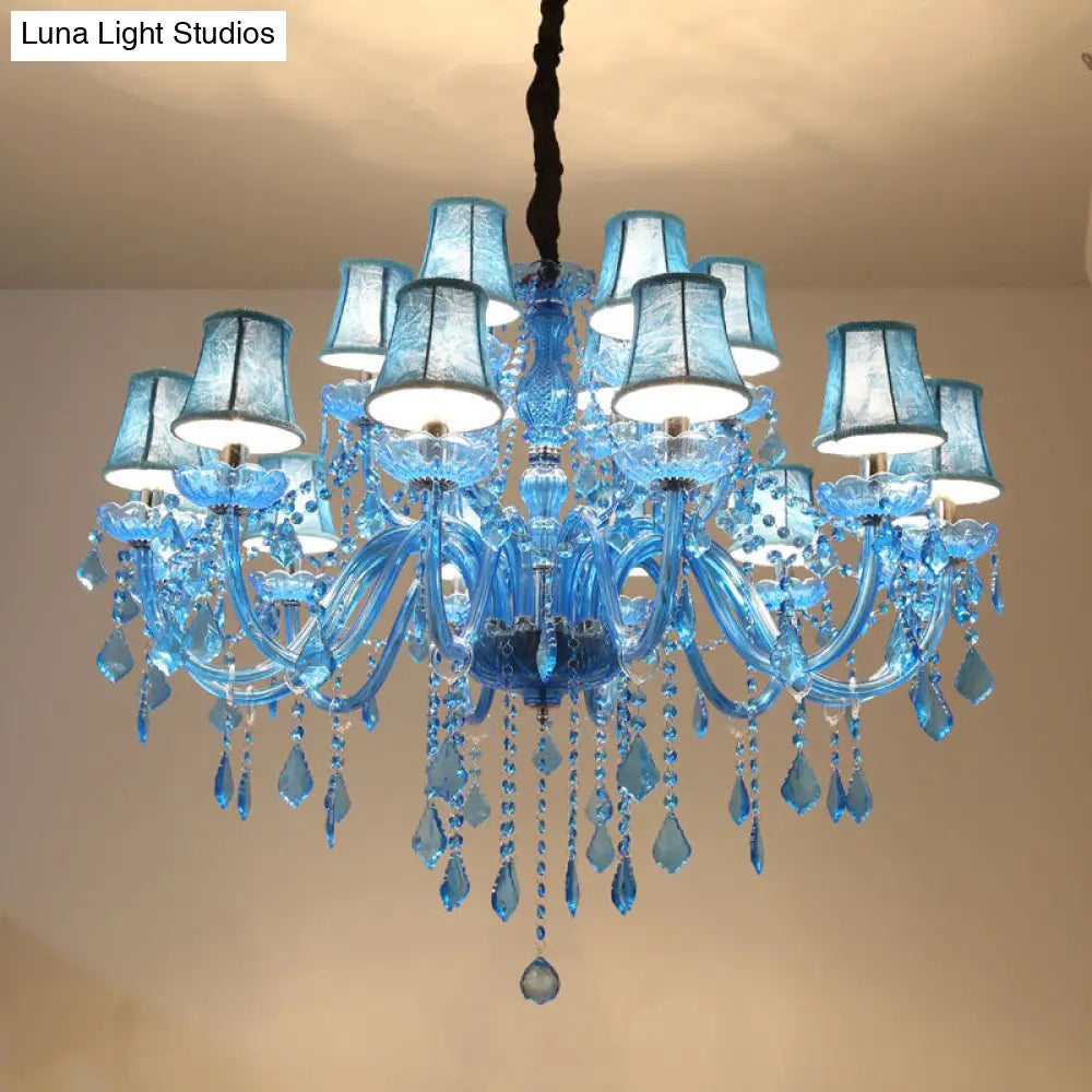 Modern Crystal Pendant Chandelier Blue Hanging Light 6/18 Bulbs Candle/Bell Design 23.5’’/37.5’’ W