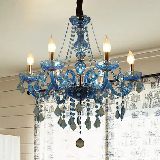 Modern Crystal Pendant Chandelier Blue Hanging Light 6/18 Bulbs Candle/Bell Design