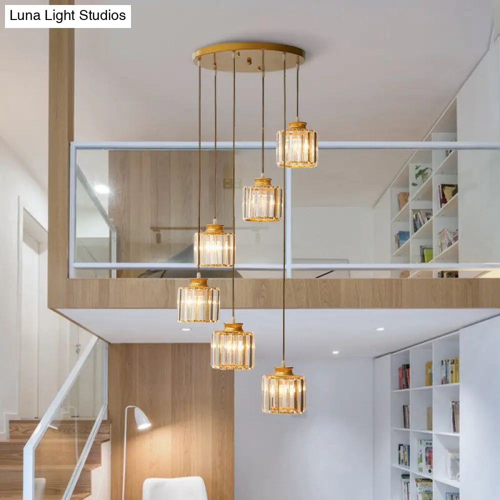 Prismatic Crystal Pendant Chandelier With Postmodern Cylindrical Design - Ideal For Stairways