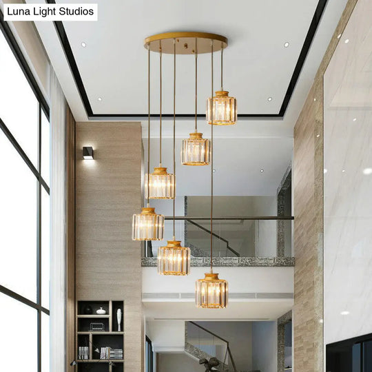 Prismatic Crystal Pendant Chandelier With Postmodern Cylindrical Design - Ideal For Stairways