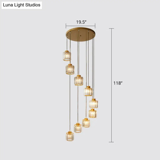 Prismatic Crystal Pendant Chandelier With Postmodern Cylindrical Design - Ideal For Stairways 9 /