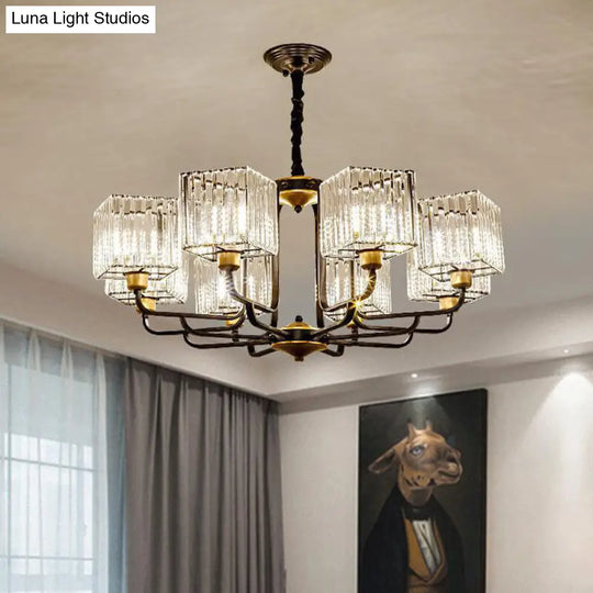 Modern Crystal Chandelier - Square Pendant With 4/6/8 Bulbs Black Hanging Light Fixture / 36