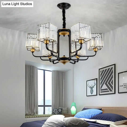 Modern Crystal Chandelier - Square Pendant With 4/6/8 Bulbs Black Hanging Light Fixture