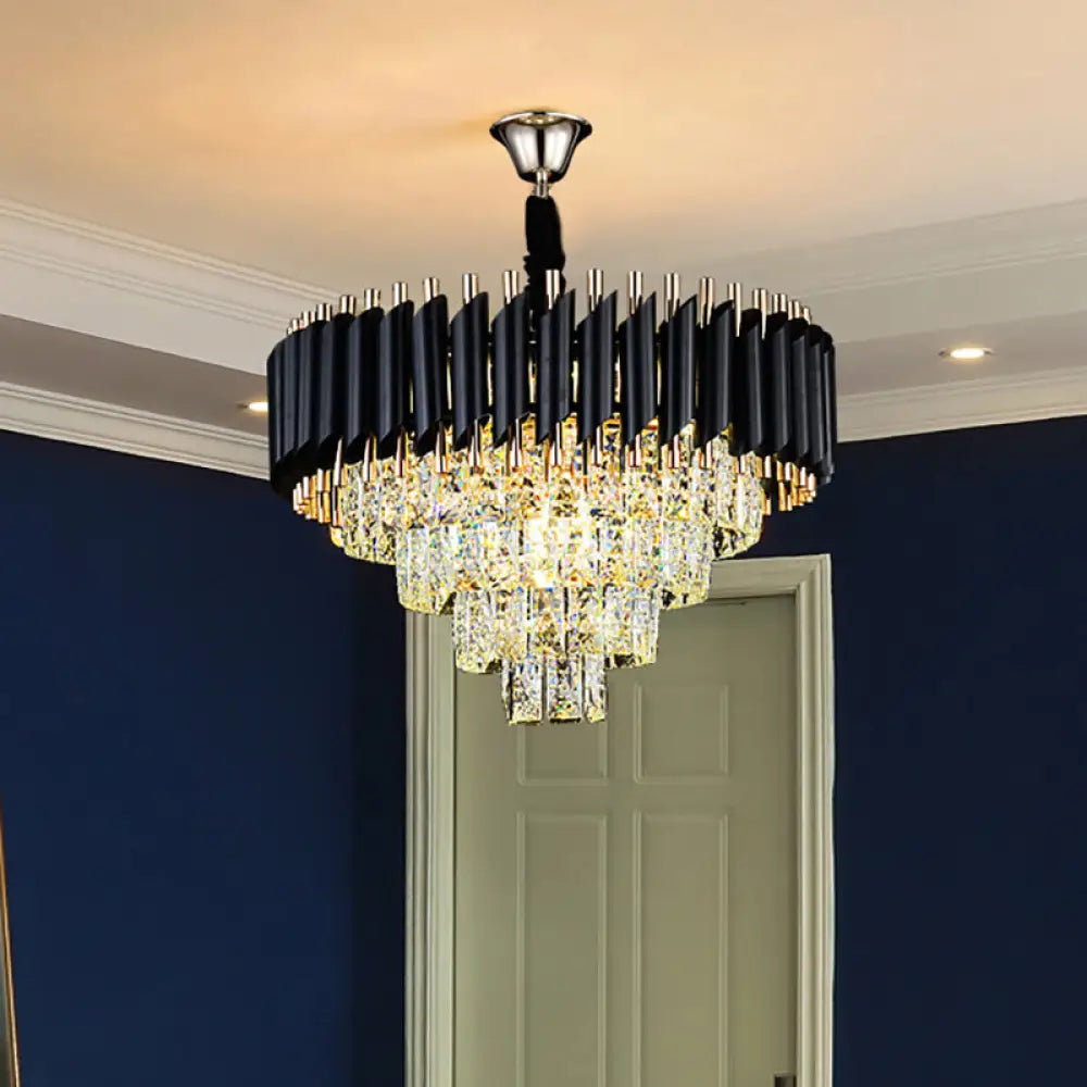 Modern Crystal Pendant Chandelier With Multi-Lights & Black Shade - Circular Hanging Light Kit