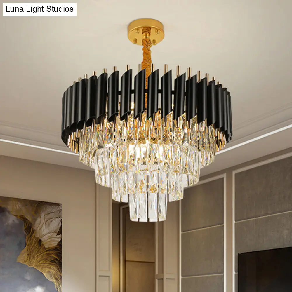 Modern Crystal Pendant Chandelier With Multi-Lights & Black Shade - Circular Hanging Light Kit