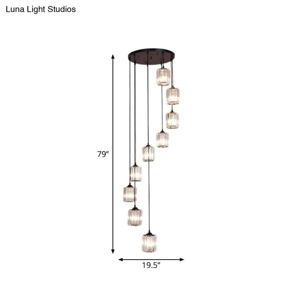 Clear Crystal Black Cylinder Cluster Pendant Light - Minimalist Stair Drop Lamp