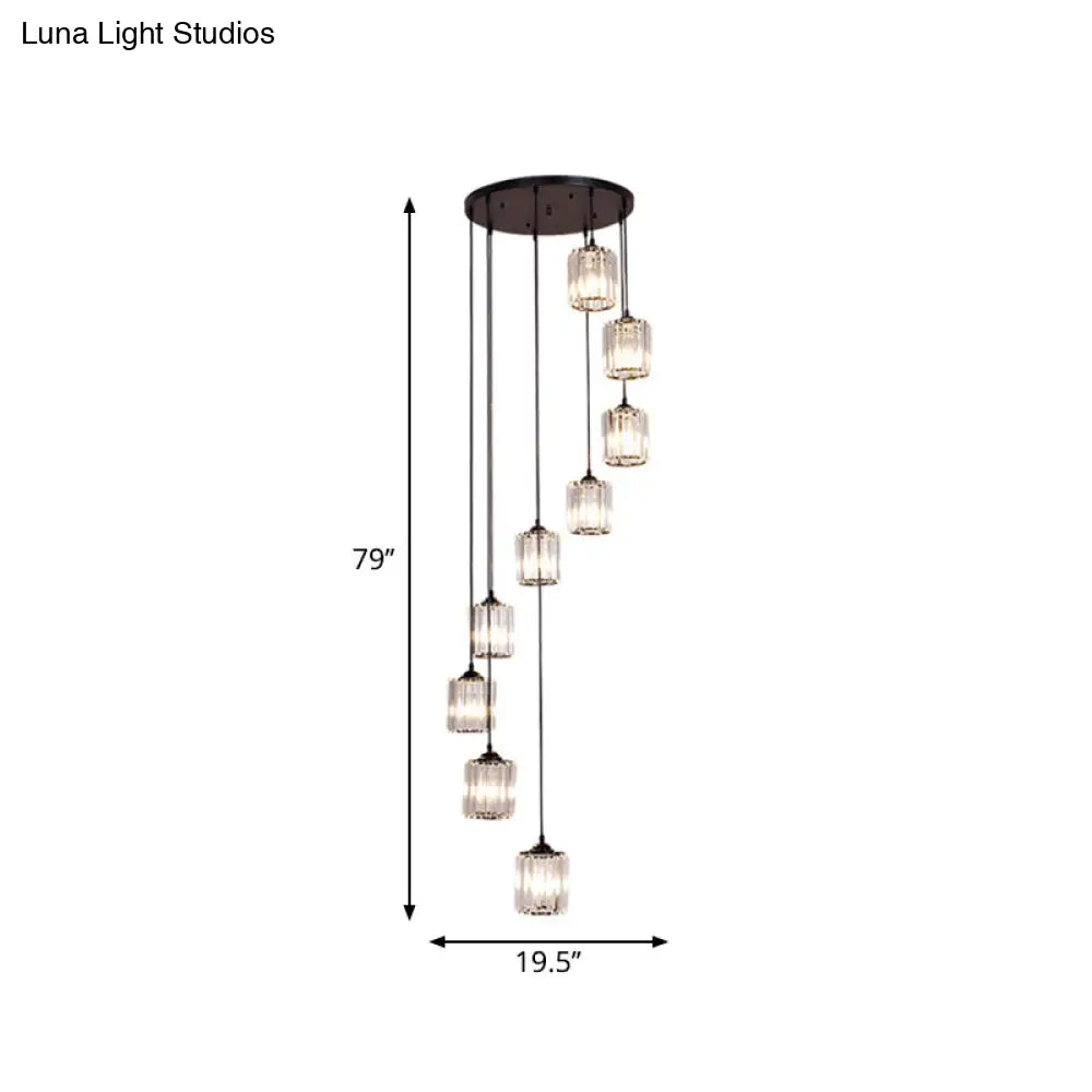 Modern Crystal Pendant Light For Stairs - Minimalist Black Cylinder Cluster Drop Lamp