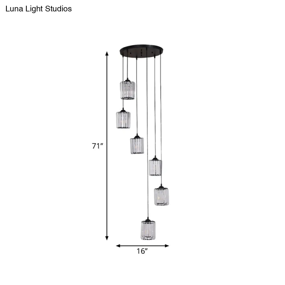 Modern Crystal Pendant Light For Stairs - Minimalist Black Cylinder Cluster Drop Lamp