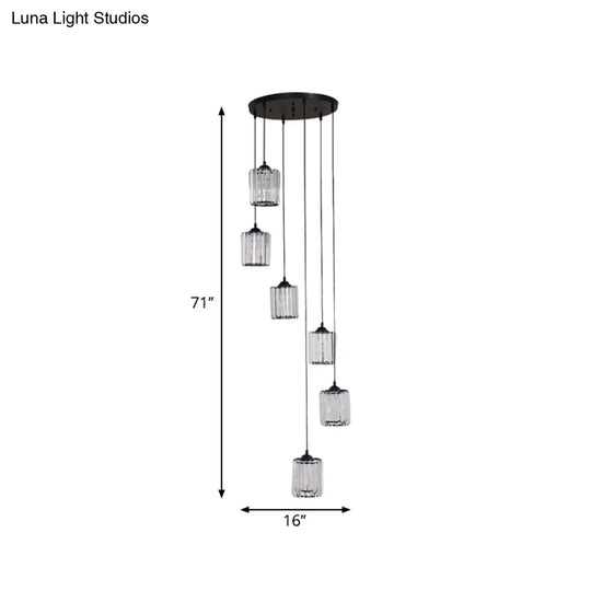 Modern Crystal Pendant Light For Stairs - Minimalist Black Cylinder Cluster Drop Lamp