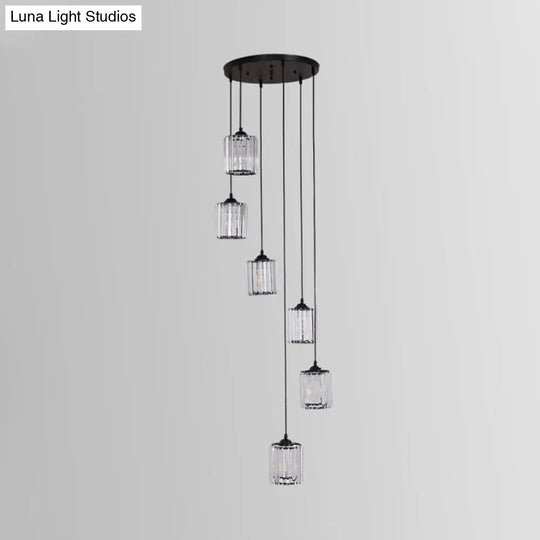 Clear Crystal Black Cylinder Cluster Pendant Light - Minimalist Stair Drop Lamp