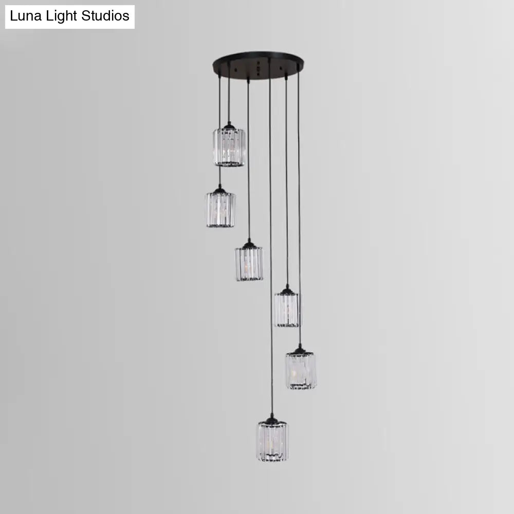 Modern Crystal Pendant Light For Stairs - Minimalist Black Cylinder Cluster Drop Lamp