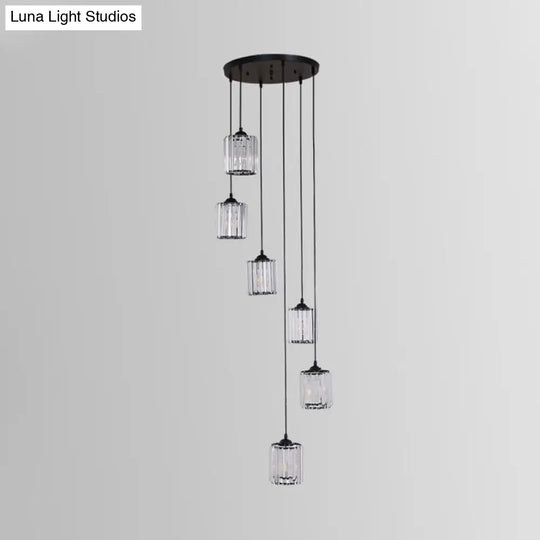 Modern Crystal Pendant Light For Stairs - Minimalist Black Cylinder Cluster Drop Lamp