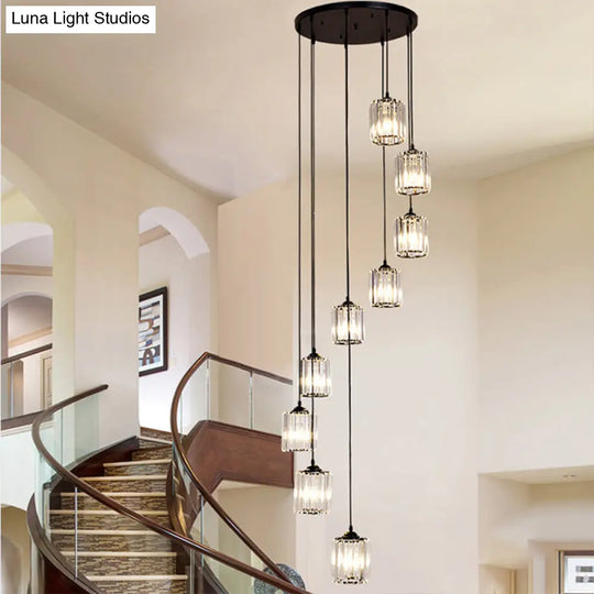 Clear Crystal Black Cylinder Cluster Pendant Light - Minimalist Stair Drop Lamp