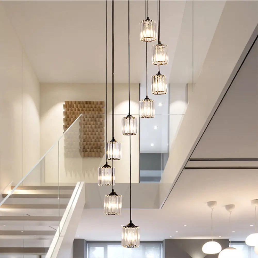 Modern Crystal Pendant Light For Stairs - Minimalist Black Cylinder Cluster Drop Lamp 9 /