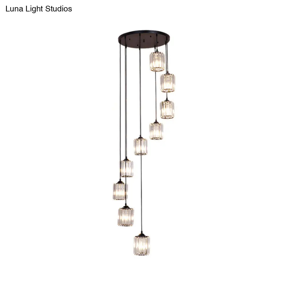 Modern Crystal Pendant Light For Stairs - Minimalist Black Cylinder Cluster Drop Lamp