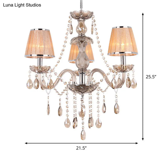 Modern Crystal Pendant Light Kit With 3-Head Ceiling Chandelier & Pleated Fabric Shade In Gold