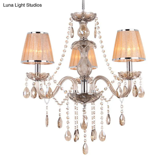 Modern Crystal Pendant Light Kit With 3-Head Ceiling Chandelier & Pleated Fabric Shade In Gold