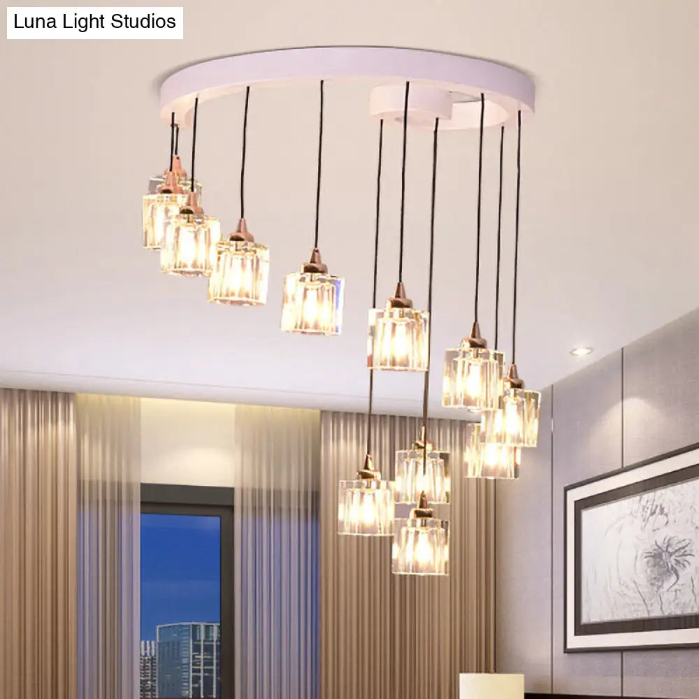 Modern Crystal Cylinder Pendant Light: 12-Bulb Bedroom Hanging Fixture In White