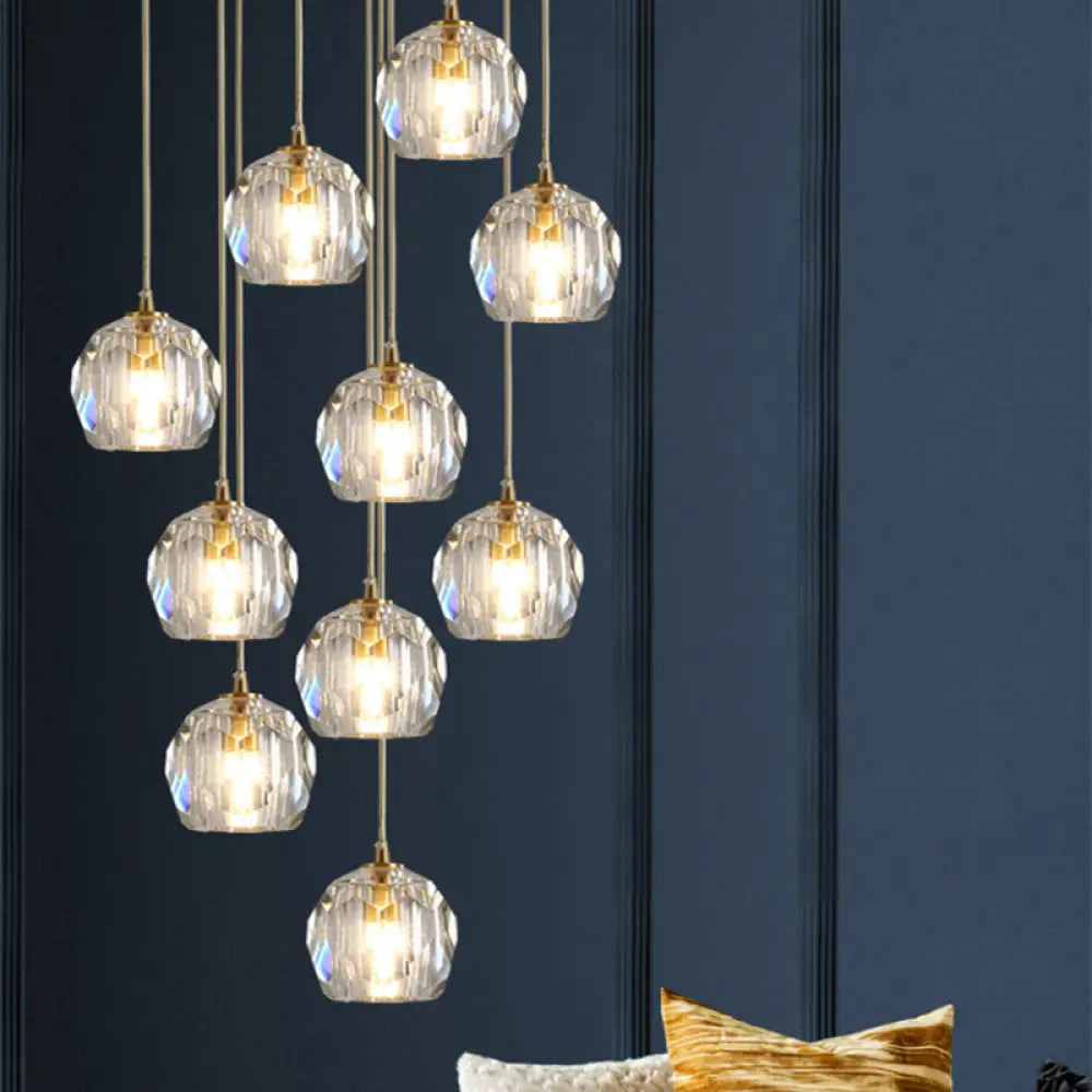 Modern Crystal Pendant Light With Dome Shade Brass Staircase Suspension Fixture 10 /