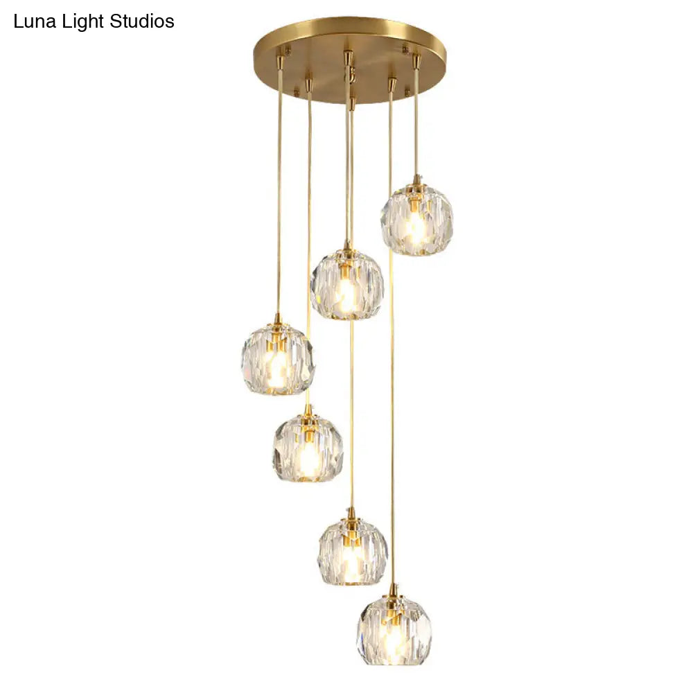 Modern Crystal Pendant Light With Dome Shade Brass Staircase Suspension Fixture