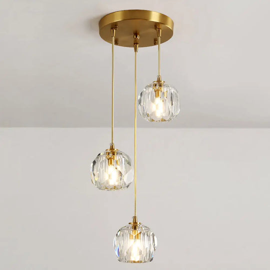 Modern Crystal Pendant Light With Dome Shade Brass Staircase Suspension Fixture 3 /